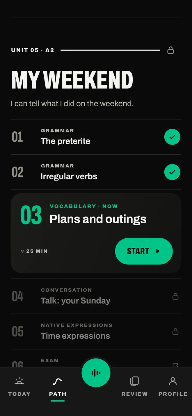 A trilha do curso de espanhol, nível A2: a unidade “Meu fim de semana”, com a lição “Planos e passeios” pronta para começar.